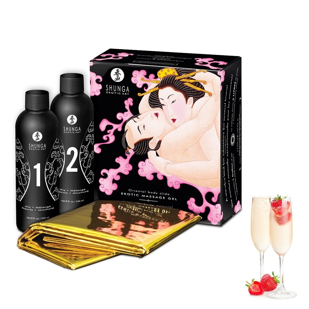 Gelée de massage érotique SHUNGA "Corps à corps oriental" 2x225ml - Vin pétillant à la fraise