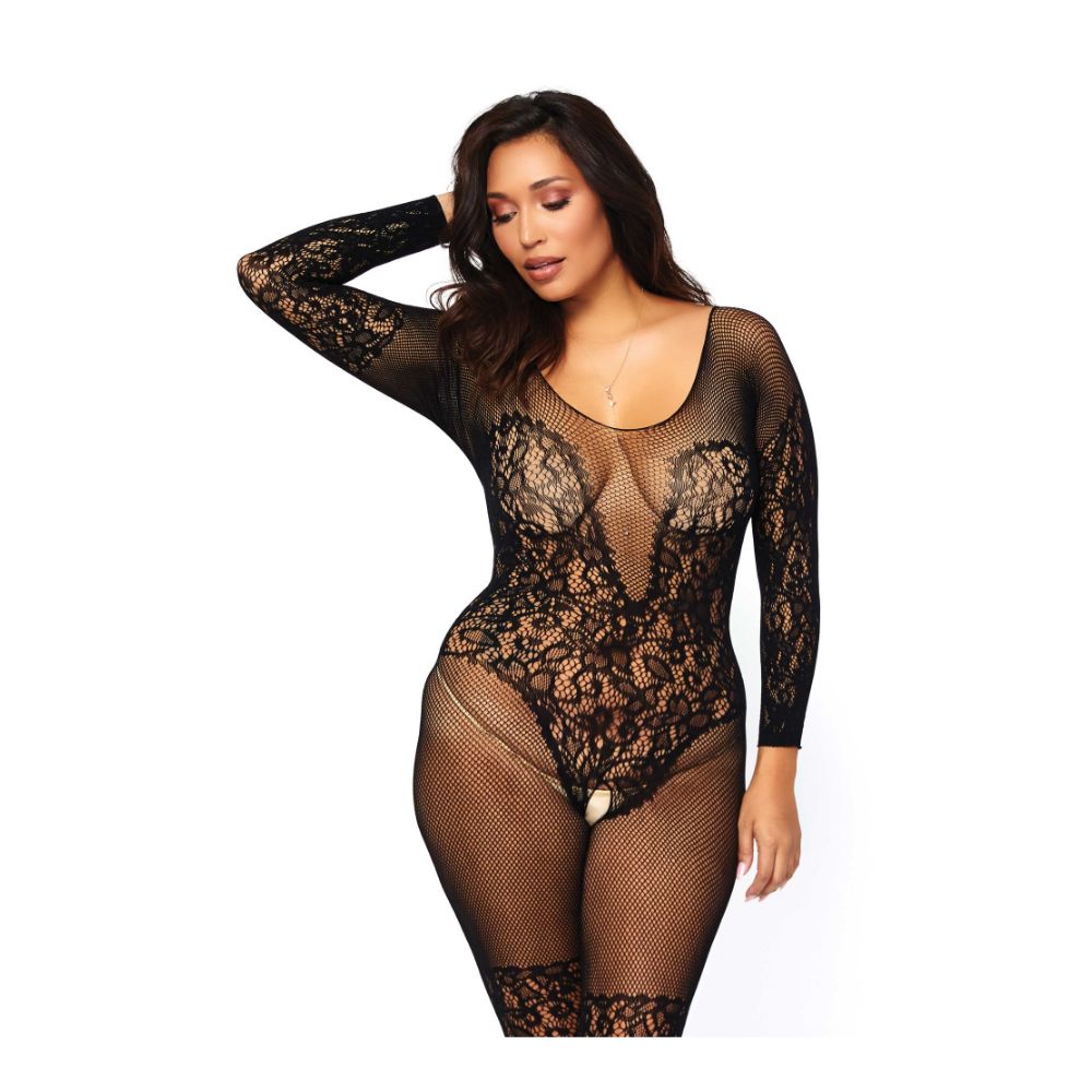 Body entier transparent ouvert à l'entre jambe - bodystocking - LEG AVENUE 89190Q SIZE PLUS - Noir 001