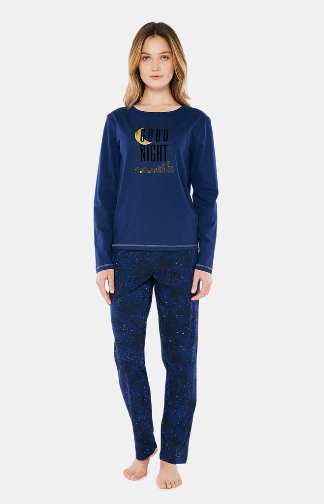 Pyjama long femme coton bio ARTHUR "Good Night" BAH - Marine GOODH22