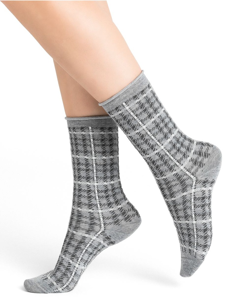 Chaussettes dame laine fine BLEU FORET "Prince de Galles" 6376 - Gris chiné AQ8