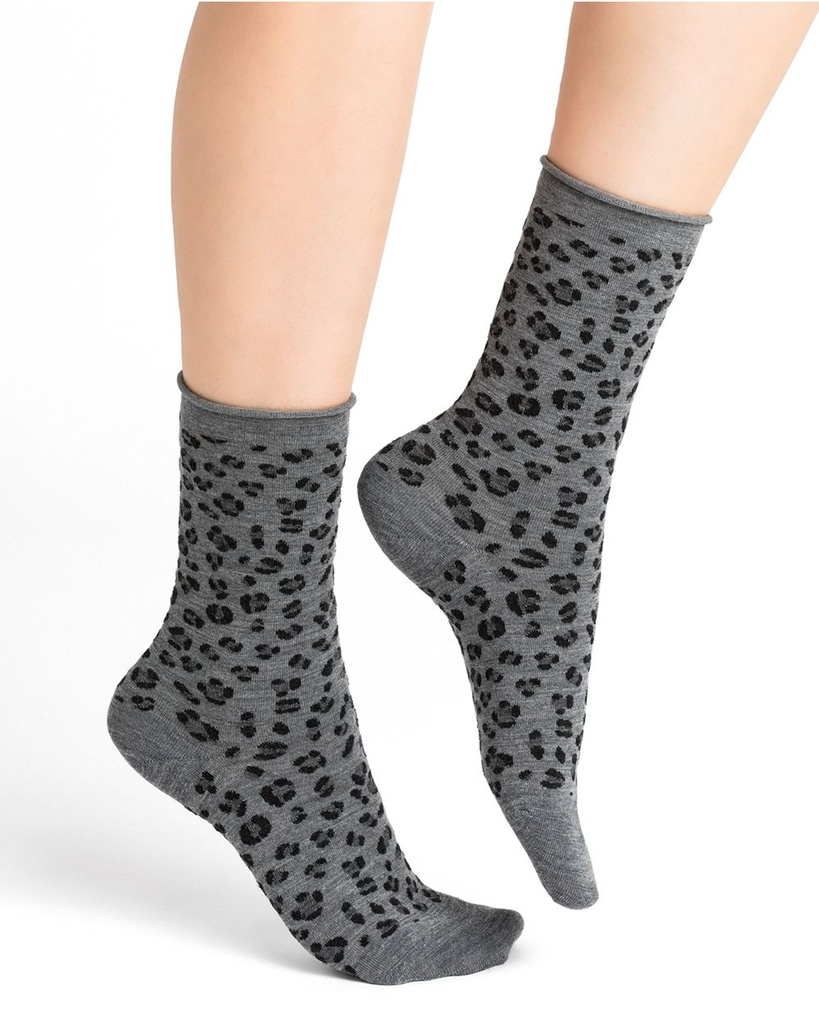 Chaussettes dame laine fine BLEU FORET "Léopard" 6374 - Gris flanelle GM9