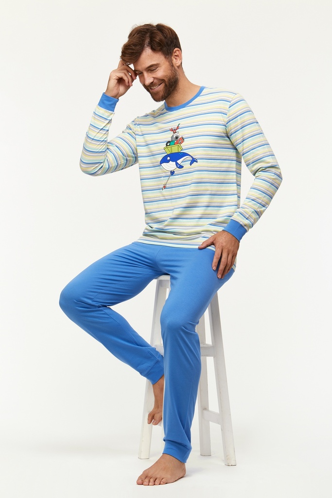 Pyjama homme WOODY "Baleine" 231-1-PLC-S - Rayé et bleu 904
