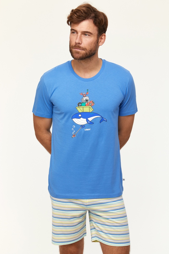 Pyjama short adulte 100% coton WOODY "Baleine" 231-1-PSS-S - Bleu 866 (S)