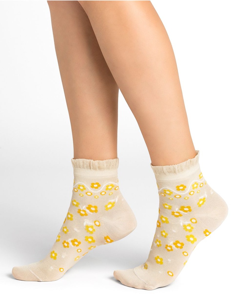 Chaussettes Dame BLEU FORET "Fil d'Ecosse Fleurs Smock" FBU6403 - Crème DP4