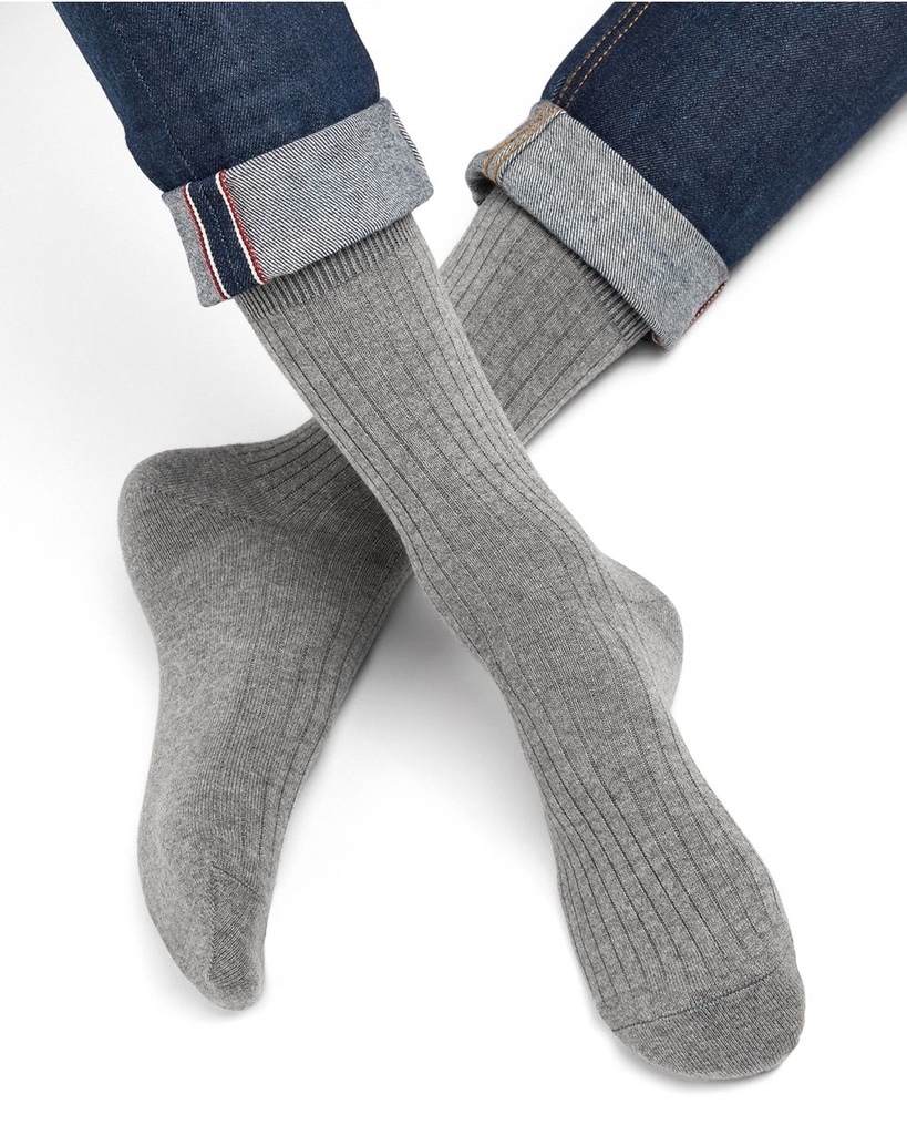 Chaussettes Homme à côtes BLEU FORET "100% Coton" HFM2268 - Gris Chiné AQ8