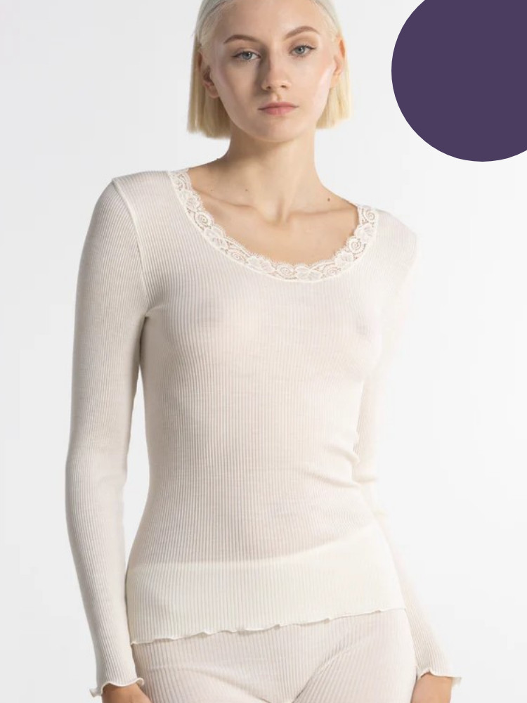 Chemisette longues manches col rond en laine & soie avec dentelle OSCALITO 3416 - Mauve 666