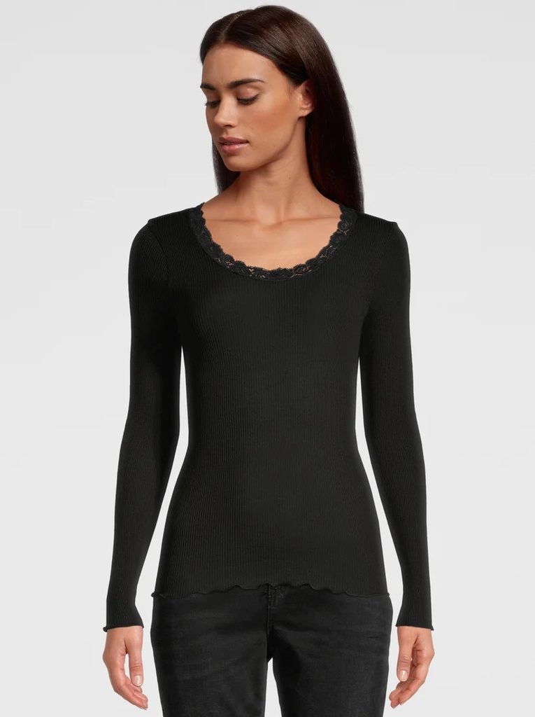 Chemisette longues manches col rond en laine & soie avec dentelle OSCALITO 3416 - Noir 020 (2)