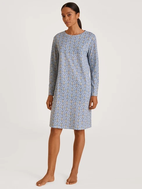Chemise de nuit dame longues manches 100cm 100% coton CALIDA "Spring Nights" 30196 - Placid Blue 502 (XS)