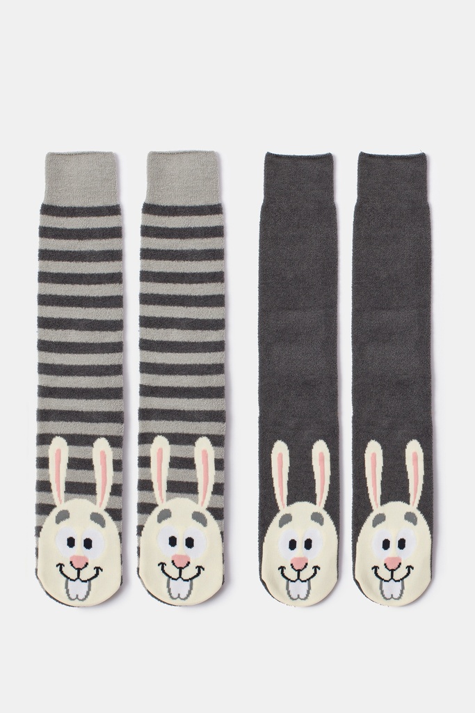 Chaussettes anti-dérapantes en grosse maille lot duo WOODY "Lièvre" 232-10-SOK-H - Gris Beige 020