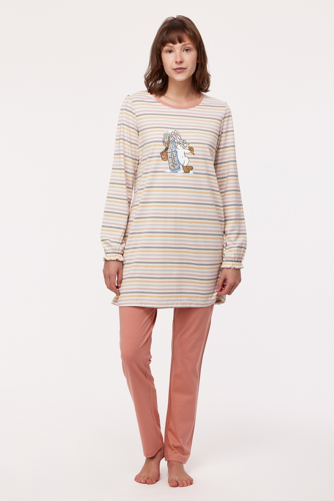 Pyjama long femme WOODY "Lièvre" 232-10-BLB-S - Rayé et Vieux Rose 930 (XS)