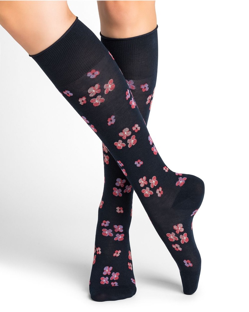 Mi-bas dames BLEU FORET "Velouté Floral" 6433 - Marine G9Z