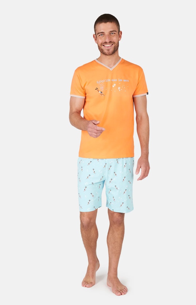Pyjama short homme 100%coton bio ARTHUR "Plongeur" PAU - Orange Lagon DIVEE24