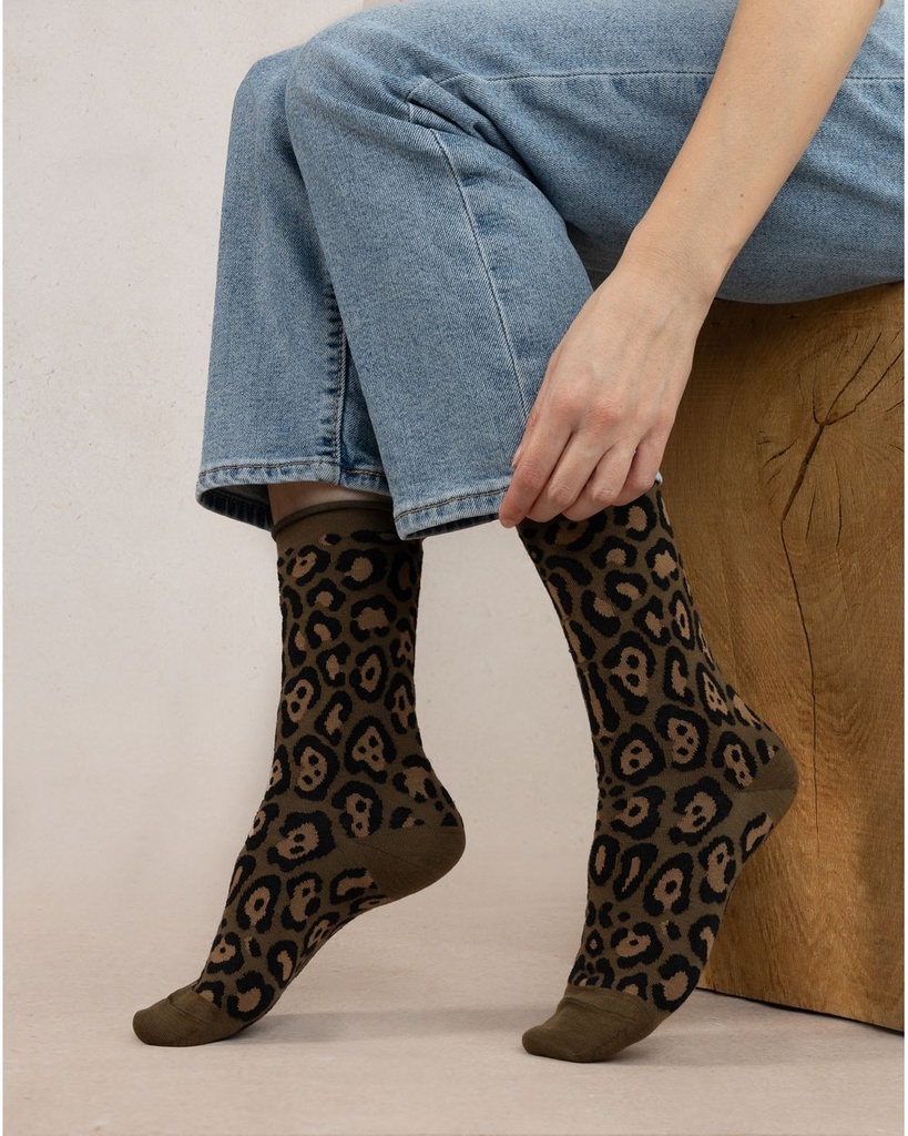 Chaussettes dame laine fine BLEU FORET "Léopard" FBU6448 - Kaki Foncé EV4