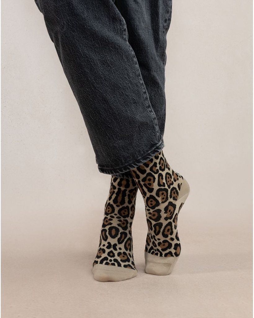 Chaussettes dame laine fine BLEU FORET "Léopard" FBU6448 - Parchemin CF2