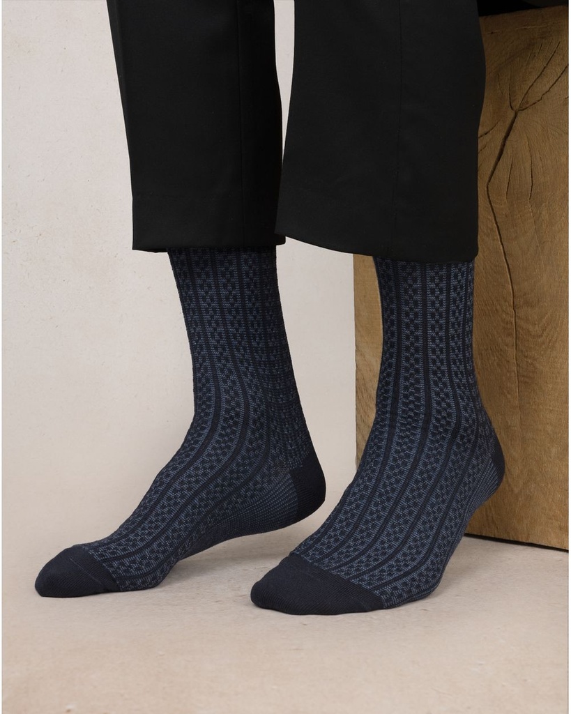 Chaussettes homme Laine Mérinos à côtes non comprimantes BLEU FORET "Bicolores" HFM2170 - Marine Jeans BG8