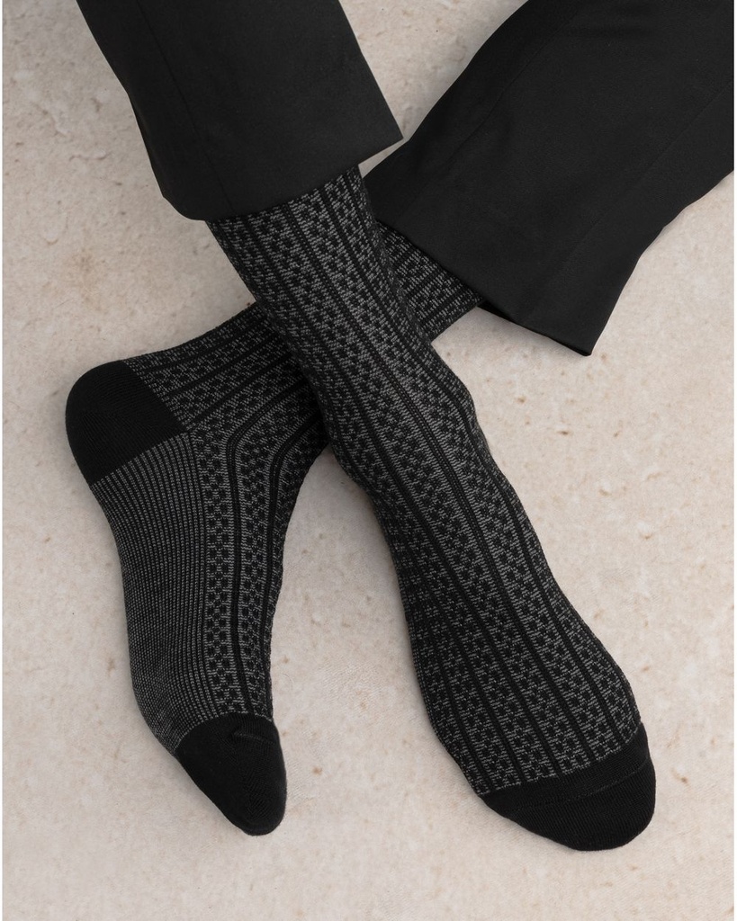 Chaussettes homme Laine Mérinos à côtes non comprimantes BLEU FORET "Bicolores" HFM2170 - Noir AR5