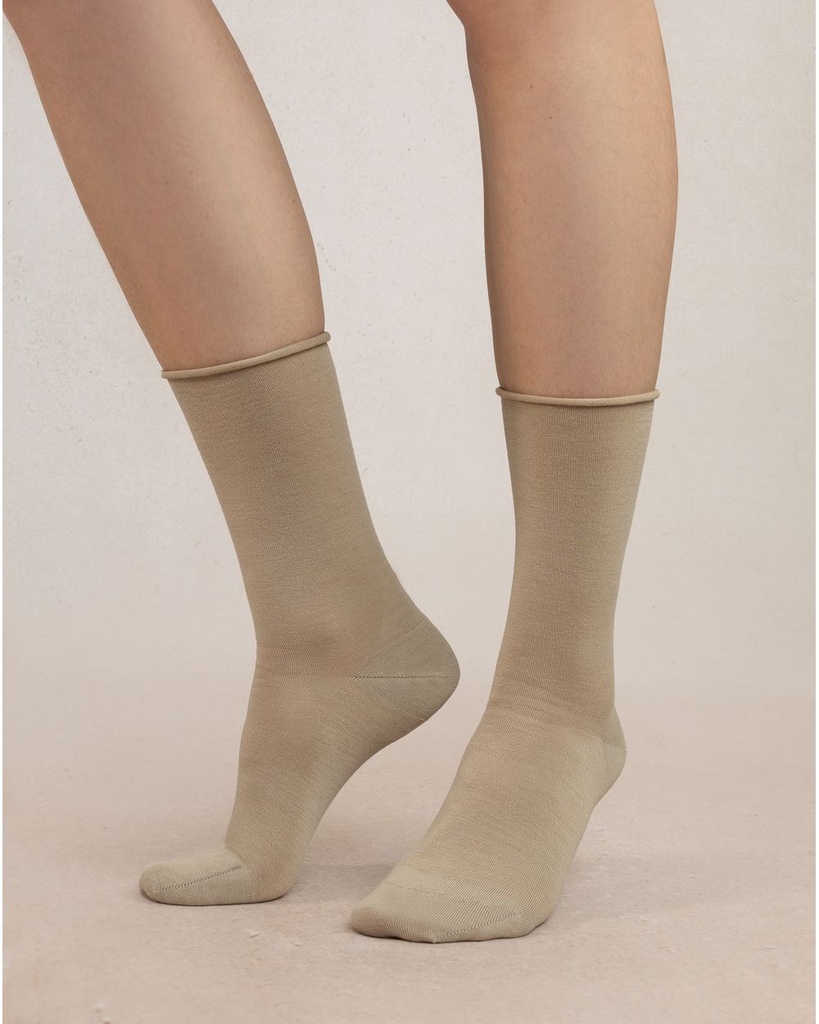 Chaussettes dame bord roulé BLEU FORET "Laine Fine" FBU6700 - Parchemin CF2
