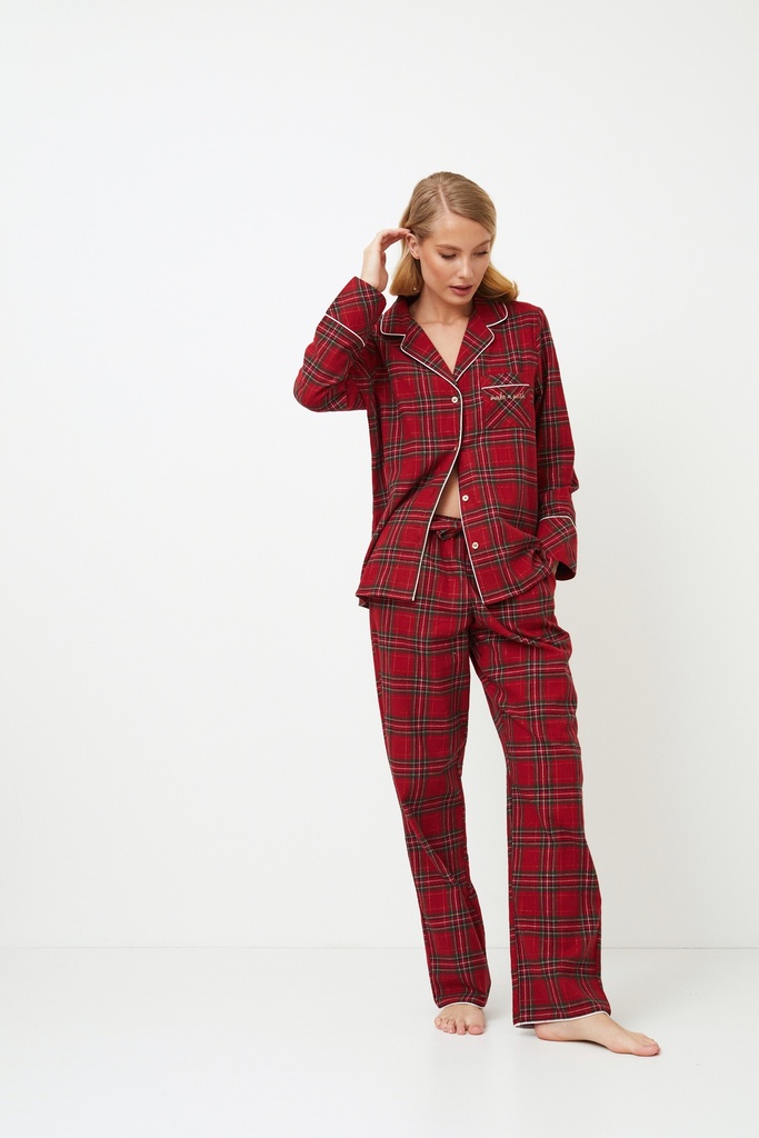 Pyjama dame long boutonné 100% coton ARUELLE "Holly" W24-AR-HOLY-PL - Rouge (S)