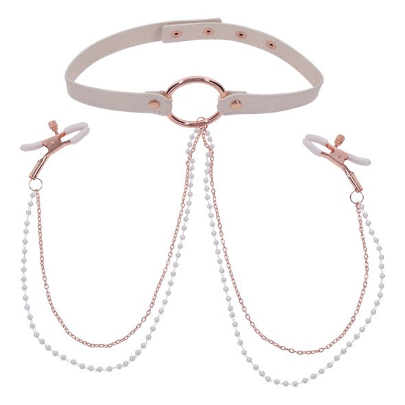 Pinces pour seins & collier SPORTSHEETS - SEX & MISCHIEF "Peaches ‘n CreaMe Collar with Nipple Clamps Cream" 318702