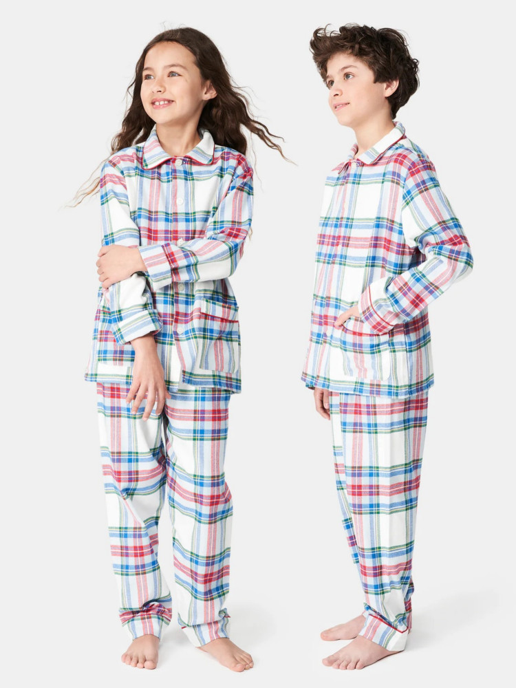 Pyjama long enfant boutonné ARTHUR "Logan" PYE - Blanc Carreau LOGAH24