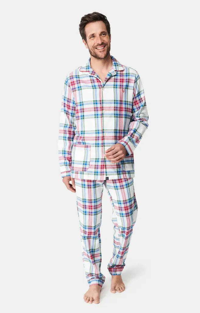 Pyjama long homme boutonné 100% coton pilou ARTHUR PLC - Blanc Carreau LOGAH24