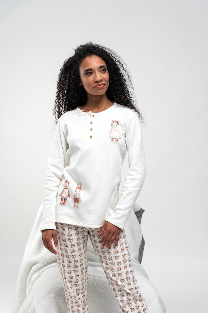 Pyjama long dame avec patte de boutonnage MIRA 8206MW - Beige imp Animaux
