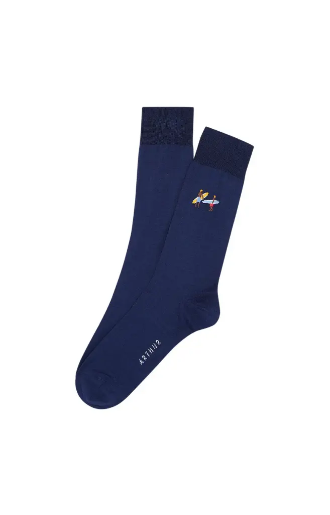 Chaussettes fantaisies homme TU ARTHUR FEB - Marine Fil d'Ecosse Brodée SURFE25