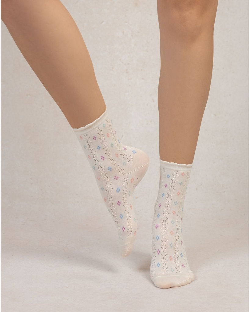 Chaussettes dame coton BLEU FORET "Ajourées Petits Losanges" FBU6533 - Ecru M2B
