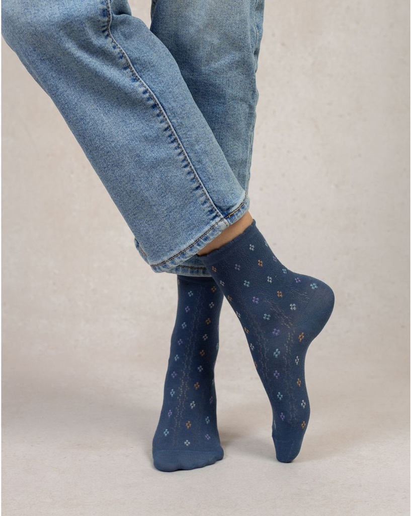 Chaussettes dame coton BLEU FORET "Ajourées Petits Losanges" FBU6533 - Bleu Jean DK3