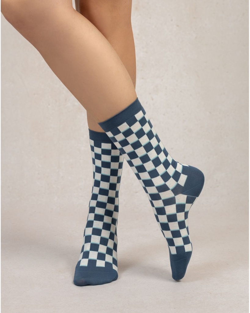 Chaussettes dame BLEU FORET "Coton Peigné" FBU6538 - Bleu Jean Damier DK3