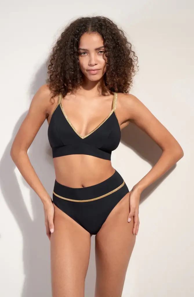 Bas de Bikini taille haute et biais lurex  PAIN DE SUCRE "Torio 61" - Noir Lurex