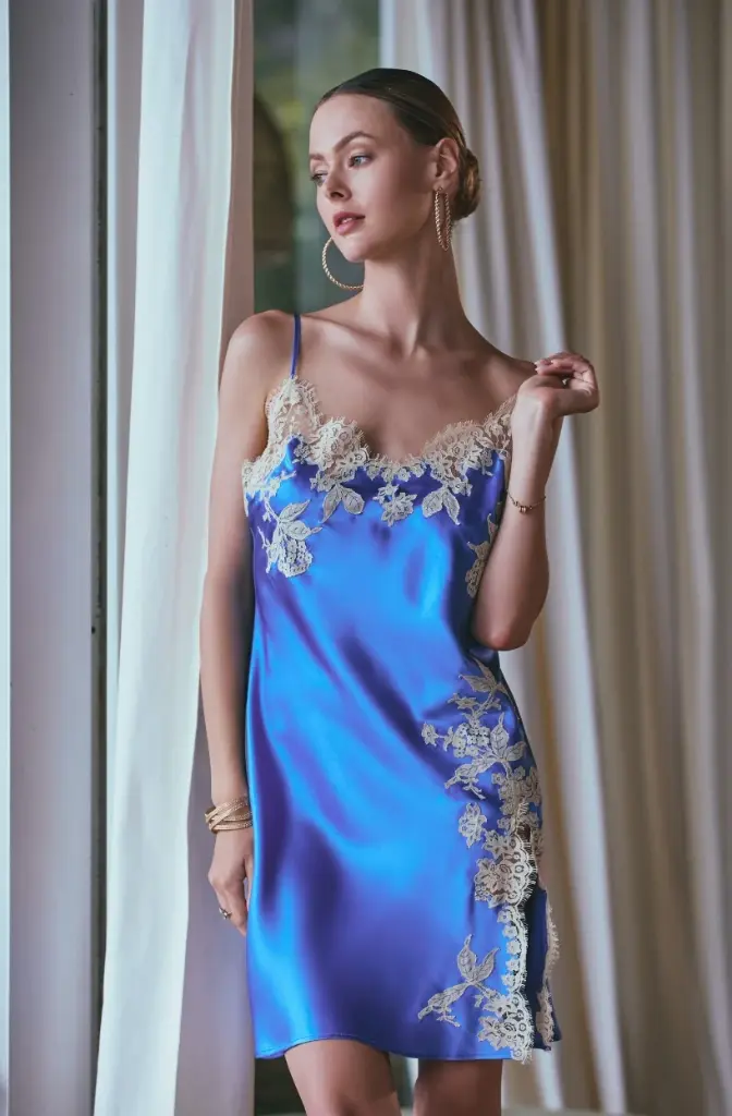 Nuisette soie et dentelle MARJOLAINE "Apolline" CT3430103 - Bleu/Nacre 5003