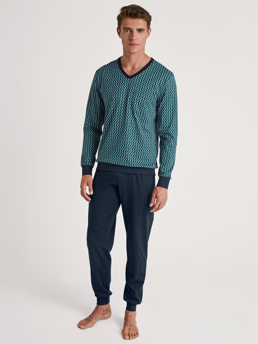 Pyjama long homme avec bord élastique 100% coton CALIDA "Relax Imprint" 47687 - Pond Green 595