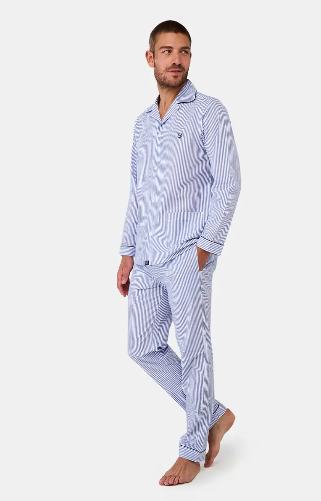 Pyjama long homme boutonné 100% coton bio ARTHUR PPP - Rayure Bleue RAYEPMT