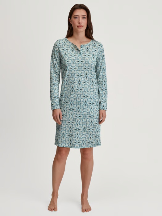 Chemise de nuit dame longues manches 100cm 100% coton bio CALIDA "Flower Nights" 36154 - Smoke Blue 544 (XS)