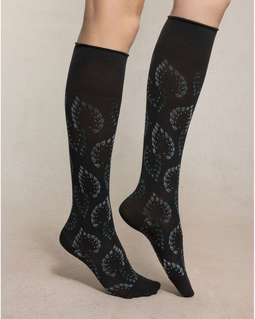 Chaussettes dame coton 3/4 BLEU FORET "Veloutés Feuillage" FBU6574 - Noir AR5