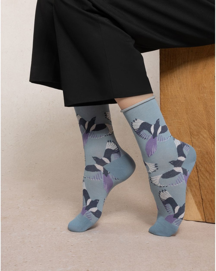 Chaussettes dame BLEU FORET "Veloutées Oiseaux" FBU6576 - Bleu Clair MD4