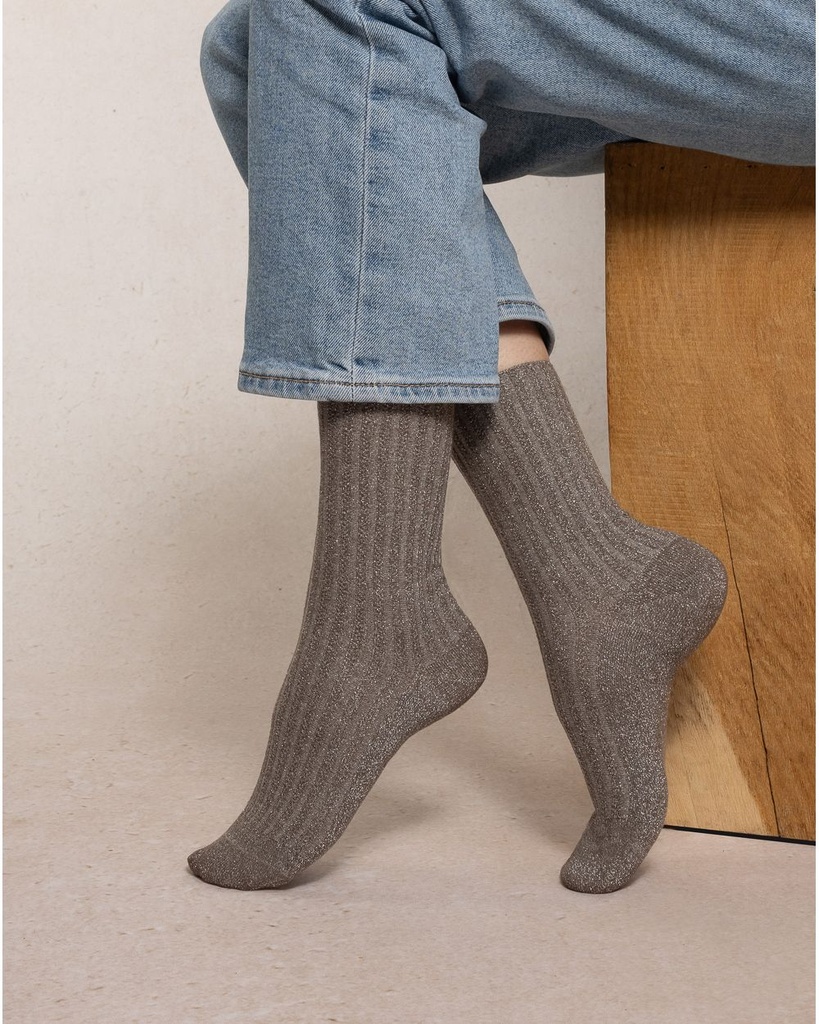 Chaussettes dame BLEU FORET "Lurex à Côtes" FBU6552 - Taupe Arget PW7