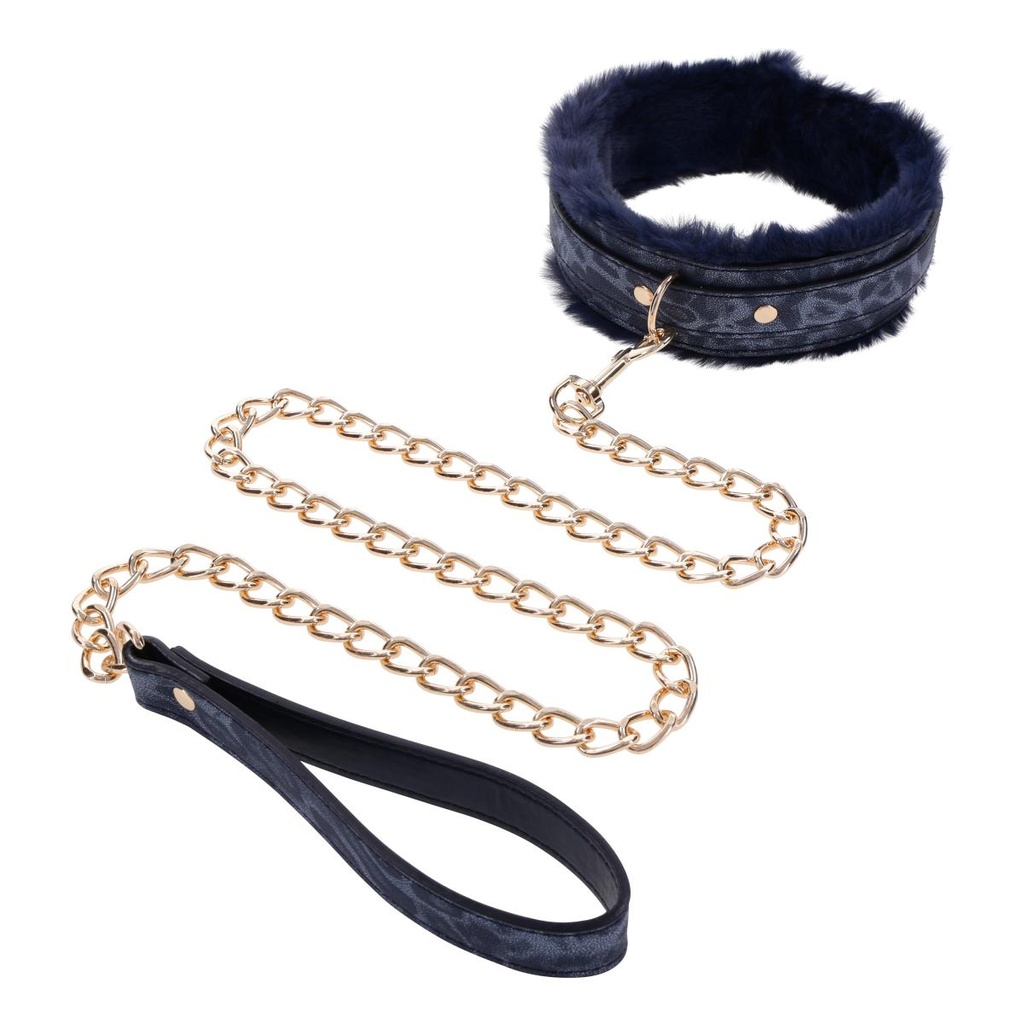 Collier & laisse pour jeux bondage SPORTSHEETS "Cougar Fur Collar & Leash" 116844 - Blue