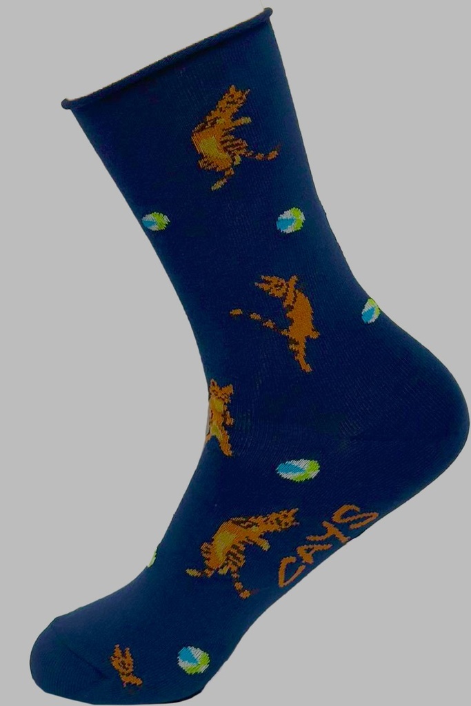 Chaussette dame bord roulé CRONERT "Chats Joueurs" 18855 - Marine 1920