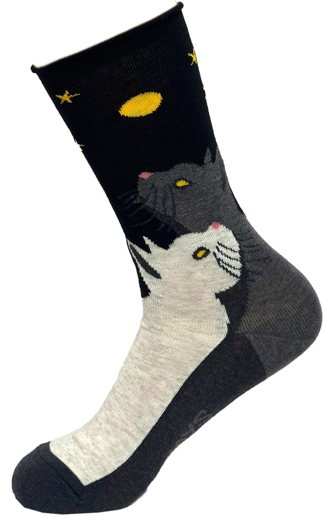 Chaussette dame bord roulé CRONERT "Chats au Clair de  Lune" 18856 - Noir 2600