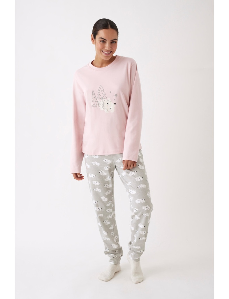 Pyjama dame longues manches PROMISE "Ours" N20122 - Rose (XS)