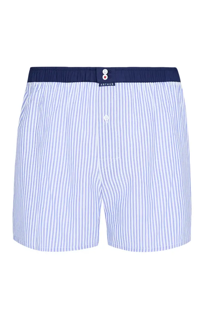 Caleçon américain homme avec maintien intérieur 100% coton bio ARTHUR "Le Club" CSP - Bleu Rayé 004