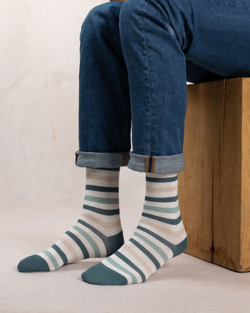 Chaussettes homme fantaisies coton BLEU FORET "Rayures Multicolores" HBU7122 - Vert de Gris FQ4 (39/42)