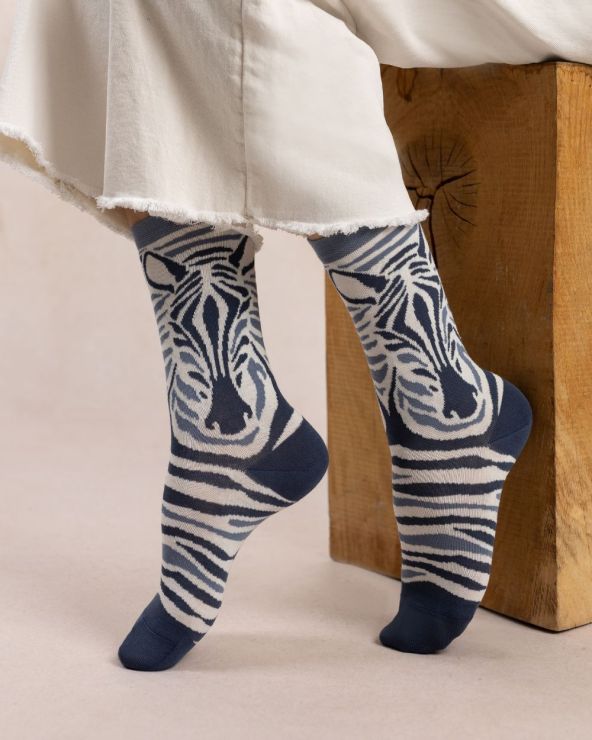 Chaussettes dame coton BLEU FORET "Zèbre" FBU6615 - Jean AL9
