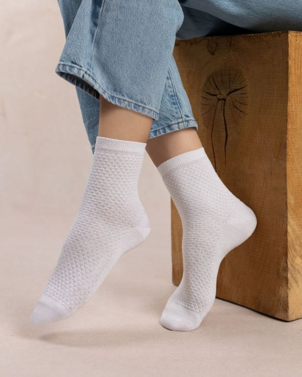 Chaussettes courtes dame 36/40 BLEU FORET "Satinées Alvéoles" FBU6608 - Blanc DD7