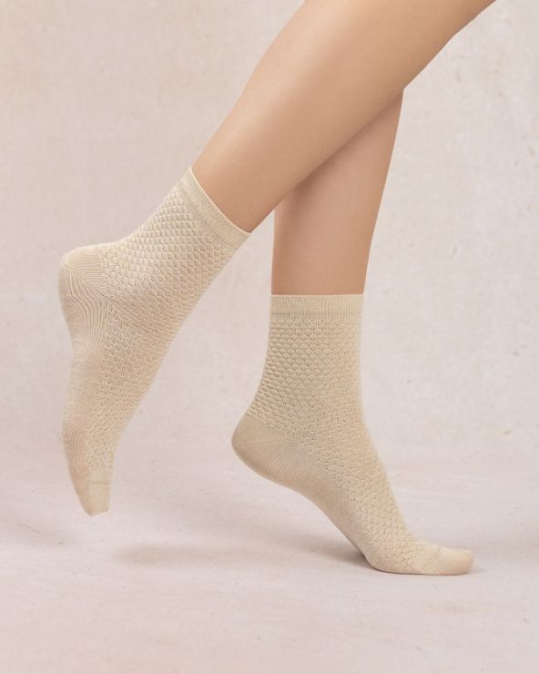 Chaussettes courtes dame 36/40 BLEU FORET "Satinées Alvéoles" FBU6608 - Champagne HC1