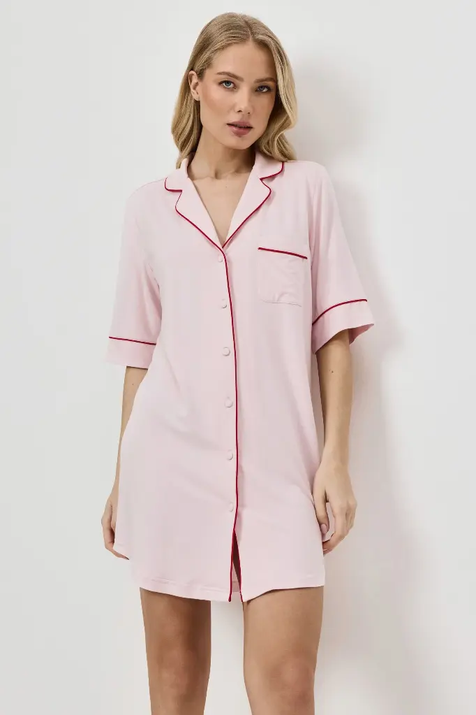 Chemise de nuit boutonné 100% coton ARUELLE "Maren" S26-AR-AMORI-N - Rose