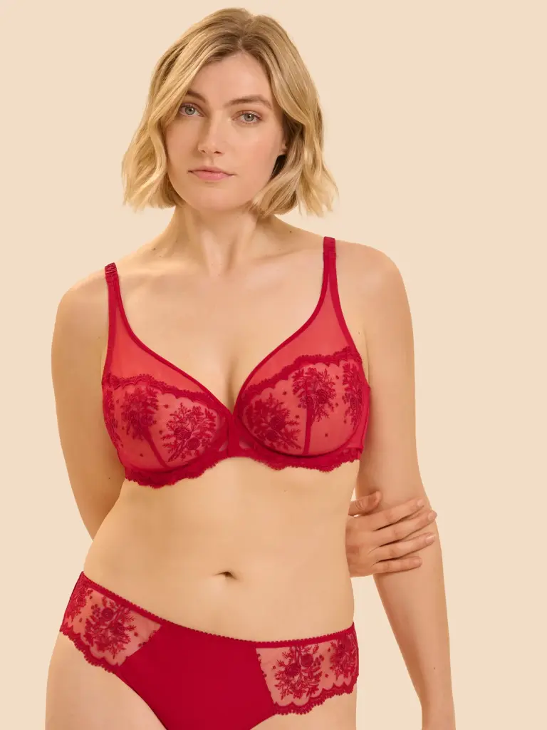Soutien-gorge décolleté plongeant avec armatures SIMONE PERELE "Intrigue" 1E2319 - Rouge Opéra 377