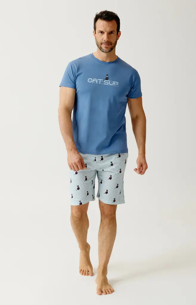 Pyjama short homme 100% coton bio ARTHUR "Cat sup" PAU - Ciel CATSH26
